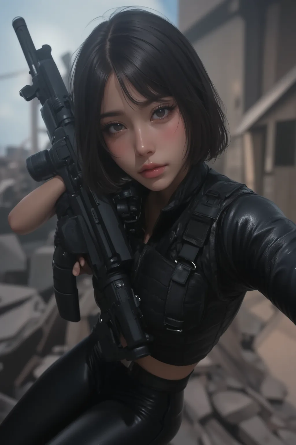 ((masterpiece)),((highest quality)),((High resolution)),((Very detailed)),One woman,48 years old,Mature Woman,Japanese,Black Hair,Short Bob,Beautiful Eyes,Long eyelashes,Beautiful Hair,Beautiful Skin,Serious,whole body,BREAK(((Gunfight))),(Dynamic Movement...