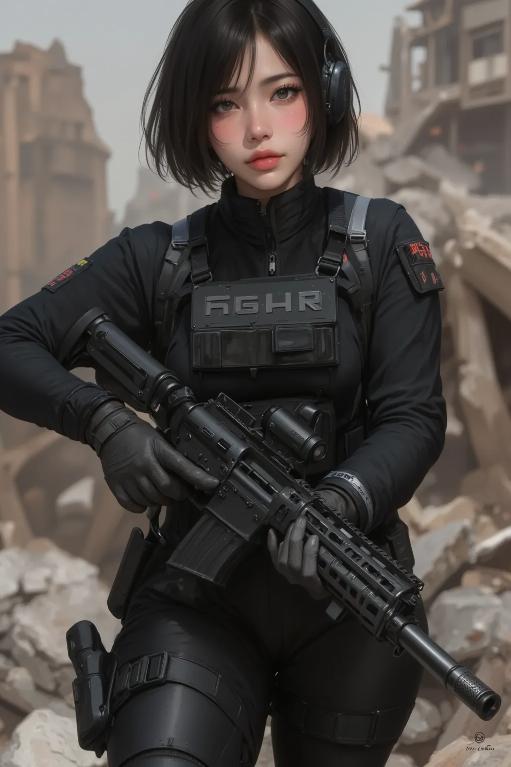 ((masterpiece)),((highest quality)),((High resolution)),((Very detailed)),One woman,48 years old,Mature Woman,Japanese,Black Hair,Short Bob,Beautiful Eyes,Long eyelashes,Beautiful Hair,Beautiful Skin,Serious,whole body,BREAK(((Gunfight))),(Dynamic Movement...