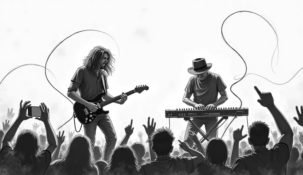 "A black-and-white sketch-style digital illustration of the ((1guitarist with 1keyboardist rock band performing on stage)), The scene is full frame, with a white background and rough pencil strokes defining the figures and instruments, ((The lead guitarist...