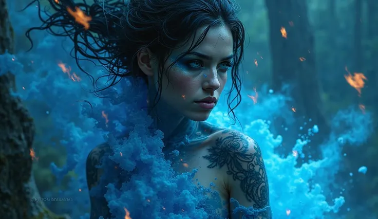 Close up close up very sexy woman, with dark blue water energy around her, black smoke blue water surrounding her, tattoo on arms, Blue energy water around her forest, aura of fire blue water, Energy blue water background Pisicodeligo, fire blue water duri...