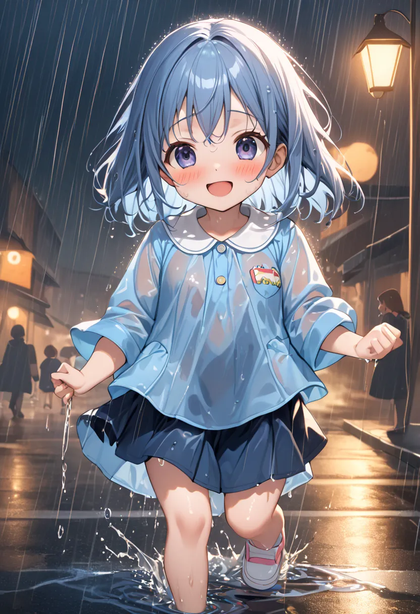 absurd, ５age, Kindergarten Mom's Clothes, blue smock,  dark blue skirt ,  cute, Heavy Rain, It's pouring down very violently, soaked, Street lamp, ENERGETIC, fun,  best smile,  with wet clothes , Water-soaked Smock, Drenched, Wet Skirt, Wet Skirt, 