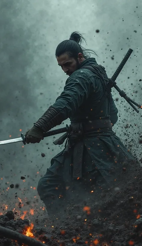 "A lone warrior in a misty battlefield, slicing through a massive obstacle with a sharp katana. His face is stoic, focused, and dominant, while the environment is dark and intense. The art style is hyper-realistic, evoking power and decisive action."