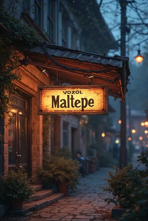 A shop sign and an evening framed image with the inscription VOZOL MALTEPE SHOP on the sign are realistic in the foreground in a way that is taken from a real image