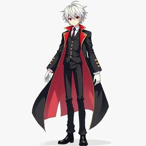 An anime picture with full view. A tall young  boy with messy snow-white hair crimson-red eyes dressed in a three-piece black business suit with red on the inside, with golden buttons, black boots and white gloves.