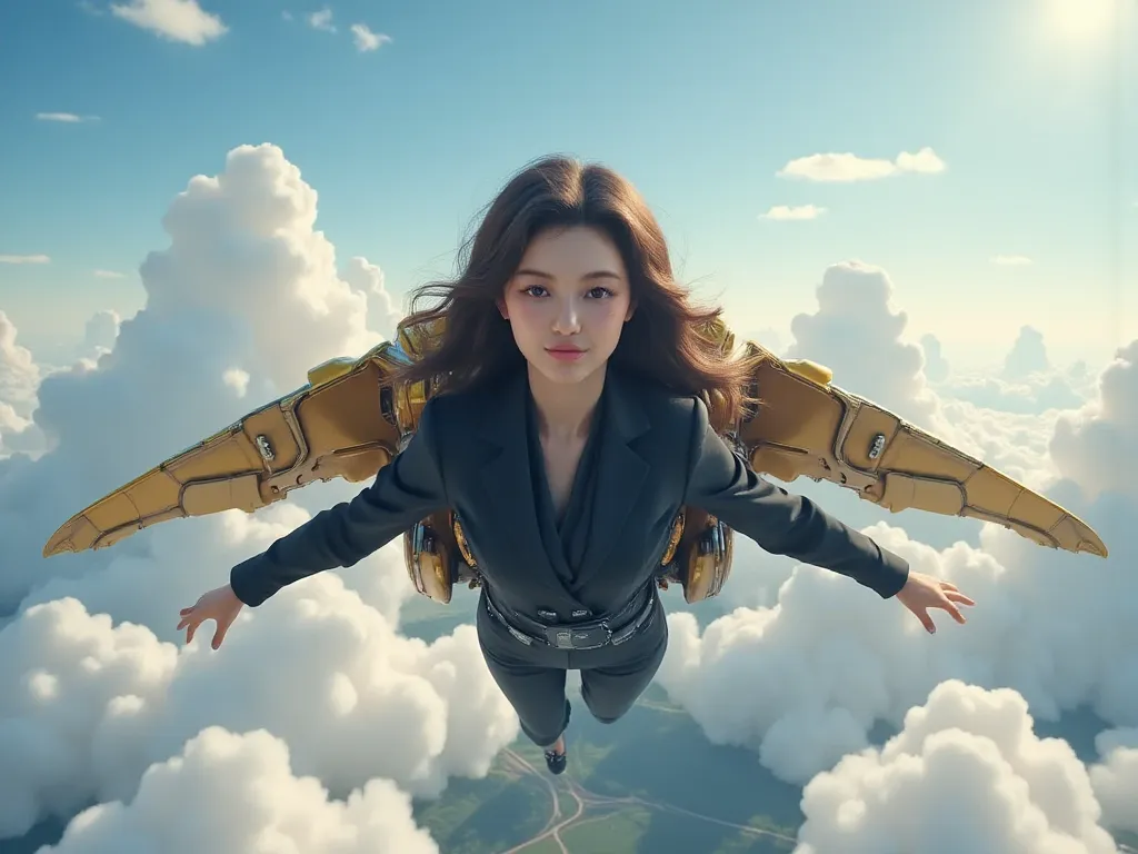 8k,photo realistic,a girl flying in the sky、she wearing full black suit,she was higher than the clouds,beautiful cloud,close up face,she wearing a jet pack with huge high tech wings,she wearing high tech google,focus face