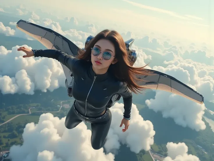 8k,photo realistic,a girl flying in the sky、she wearing full black suit,she was higher than the clouds,beautiful cloud,close up face,she wearing a jet pack with huge high tech wings,she wearing high tech google,focus face