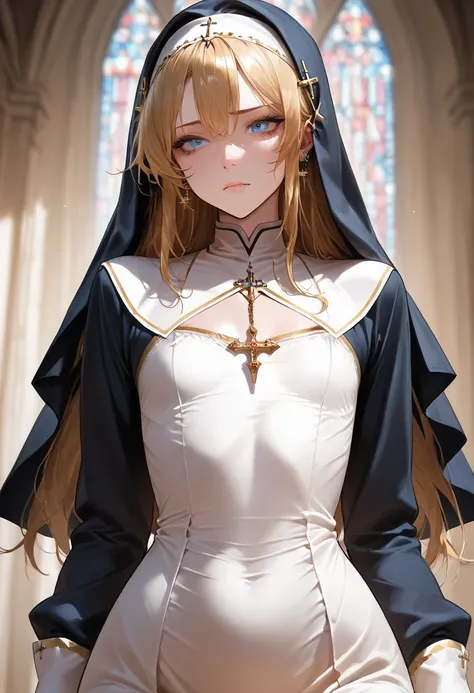 a beautiful woman with long gold hair, in a nun's dress, with piercing blue eyes, highly detailed, masterpiece, 8k, best quality, flat chested