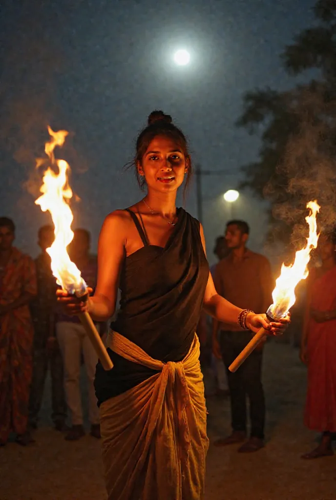 A beautiful sexy young woman from North India, 25 years old. She has her hair tied up, and is wearing a black sari. She is wearing a yellow and white striped lungi below the waist. In her hands are two wooden-handled torches. Their light spreads. The smoke...