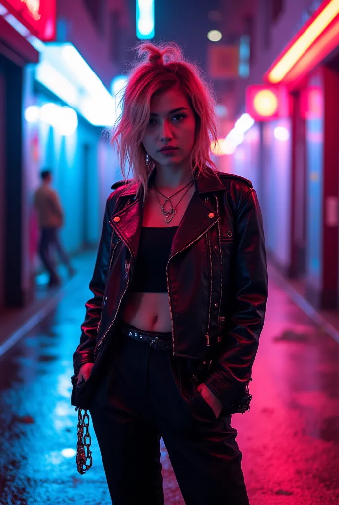 A full-body portrait of a woman in a futuristic urban alley illuminated by vibrant neon lights. Dressed in a cutting-edge mix of edgy streetwear and high-fashion details—a sleek, form-fitting jacket paired with tailored trousers and bold accessories—she ex...