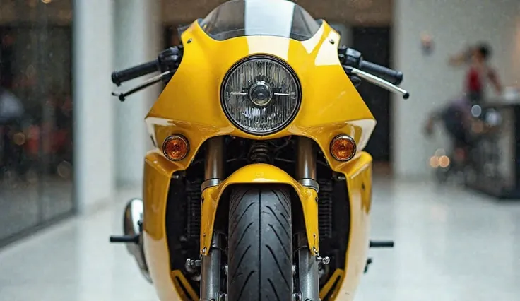 Kawasaki z1300 yellow colour front view in beautiful showroom