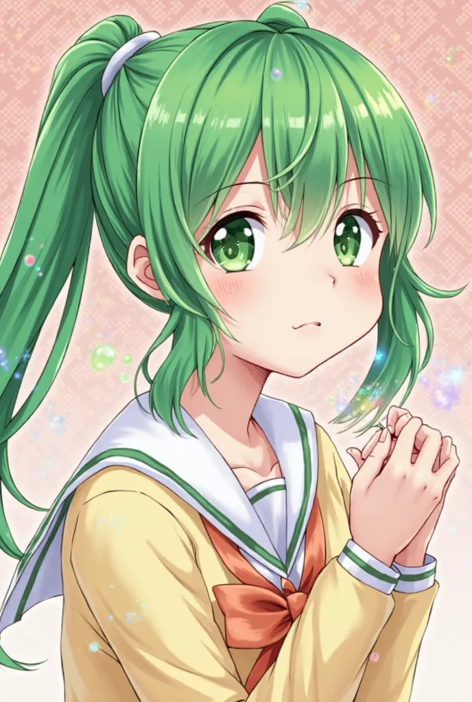 ( masterpiece), ( best quality ), ( very detailed ), (illustration), ( green hair 1 .5) (  GREEN EYES  ) ( Twintail 2 .0), (((( No shoulders  ))), , ( cherry background ),  Looking at the Audience , exquisitely beautiful face ,,( colorful  [shining),  colo...