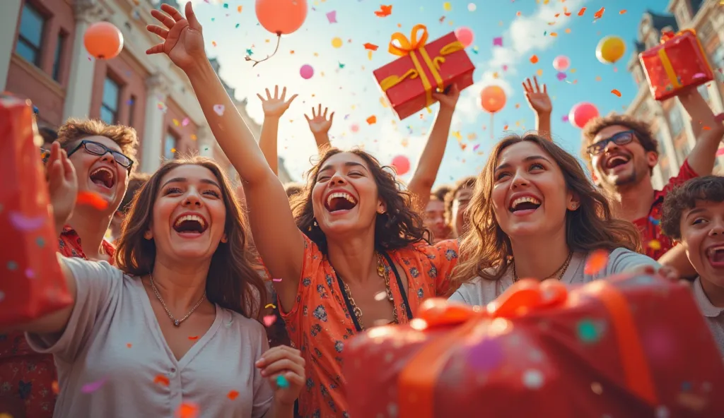 A colorful promotion scene, a group of people enjoying large gifts and prizes, vibrant atmosphere, dynamic composition, (best quality,4k,8k,highres,masterpiece:1.2),ultra-detailed,(realistic,photorealistic,photo-realistic:1.37),hyperrealistic,studio lighti...