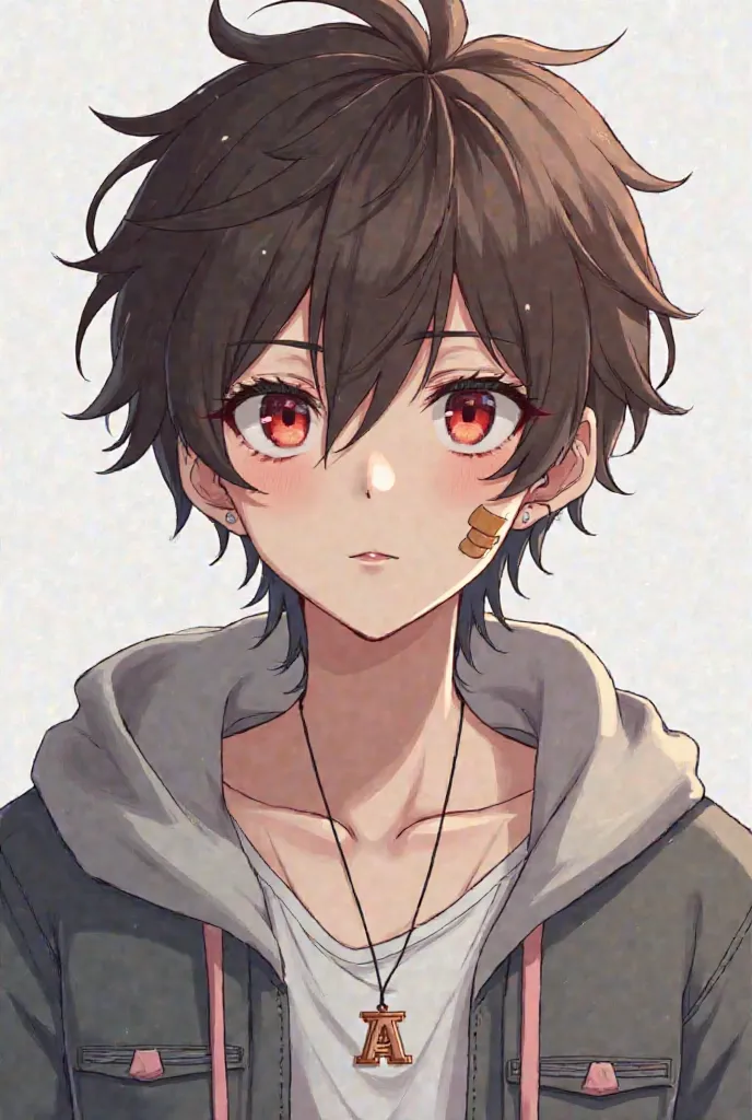 Generate an anime boy,  dark red eyes , grey jacket, initial necklace A, to show that she is a teenager,  vampire skin , messy brown hair, white shirt, a band-aid on the cheek, a light pastel pink ribbon, Serious and anime