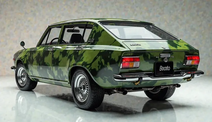 create an ultra-detailed 3D render  (close back view, )of a modern( 2026 Lada Niva Bronto)with a bold designy  looking long like limousine captured from (close back view.) The car should feature a 'Gleamy oily (Camouflage )' color and black accents with a ...