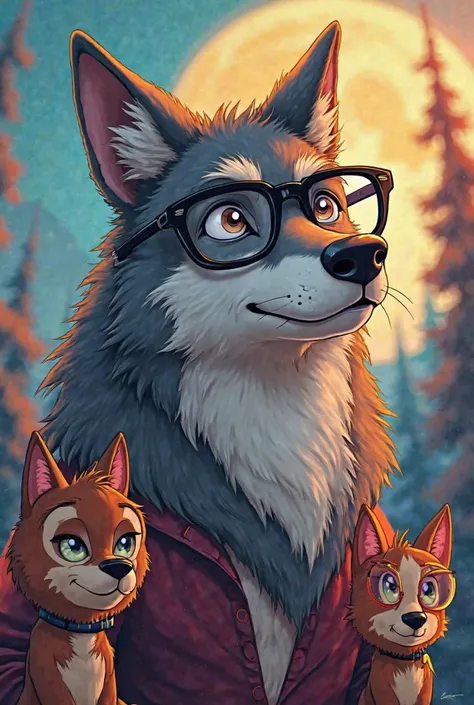 wolf in glasses with two ren