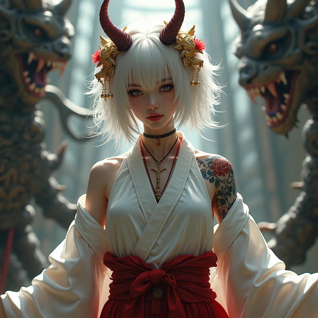  Super High Definition,Greatest Masterpiece,16k,highly detailed sleeveless white hakama,Japanese style, extremely detailed hair,cool vibe,very detailed face,18 years old,bright white hair all over, extremely detailed hair飾り,very complicated hair ornament,H...