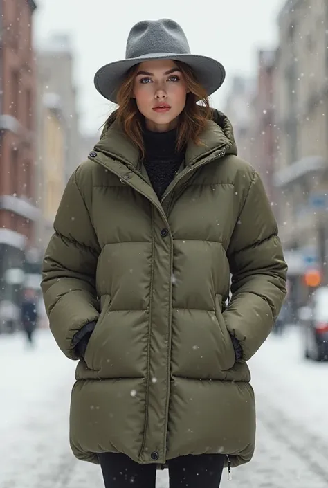 A woman wearing a gray hat with a long khaki green down jacket 