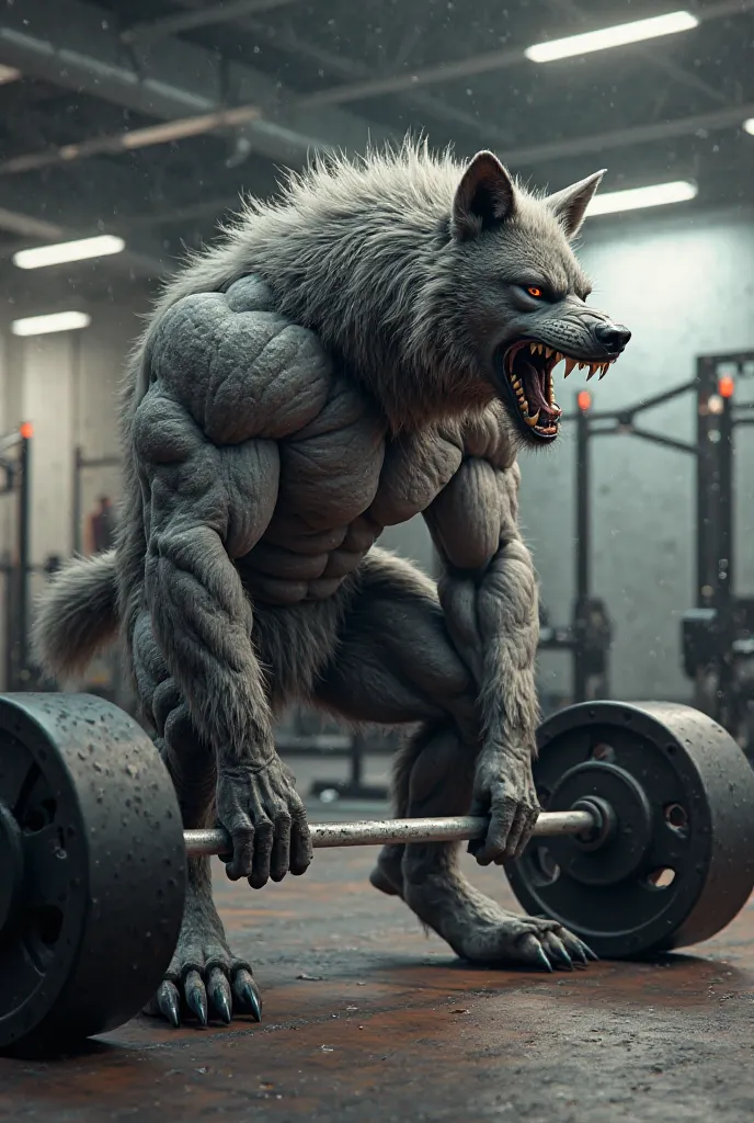 Create a big hulk bodybuilder wolf in gym 