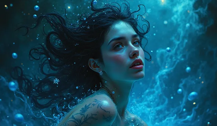 Close up close up very sexy woman, With energy a lot of water inside an aquarium dark blue water black water blue surrounding it, black smoke blue water surrounding her, tattoo on arms, Blue energy water around her forest, aura of fire blue water, Energy b...