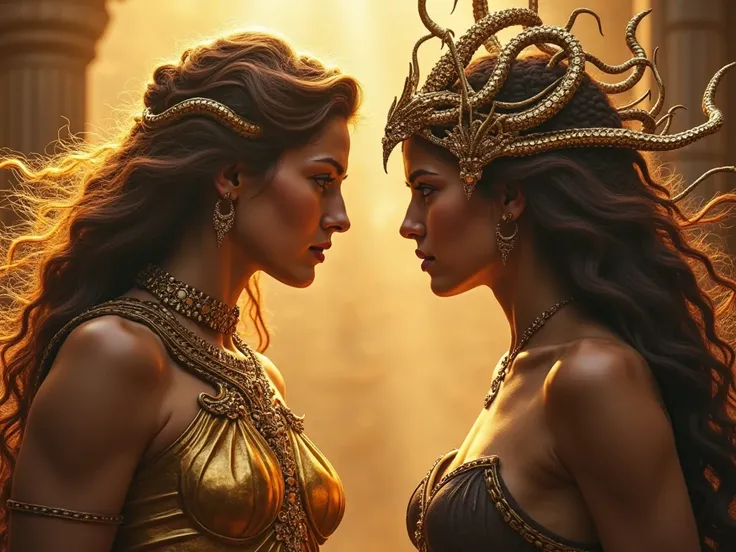 Athena and Medusa in their human form, in a Greek mythological setting. Athena female goddess, imposing, with golden armor and determined look, Stare Medusa,  Still beautiful , with long hair and expression of fear and revolt. Athena's golden light contras...