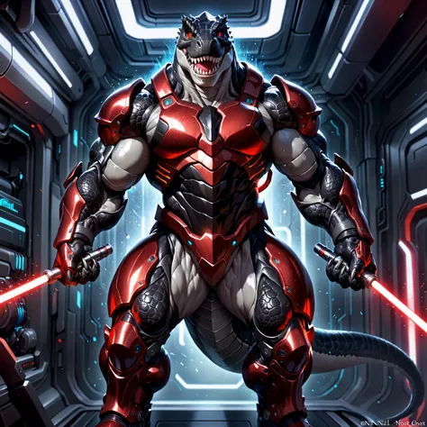 solo, male, humanoid, Tyrannosaurus Rex, ultra details, ultra detailed muscles, black scales, white belly, black claws, muscular, menacing, ultra detailed red color slit eyes, ultra detailed teeth, pecs, hind legs, tail, (Masterpiece, by null-ghost, ultra ...