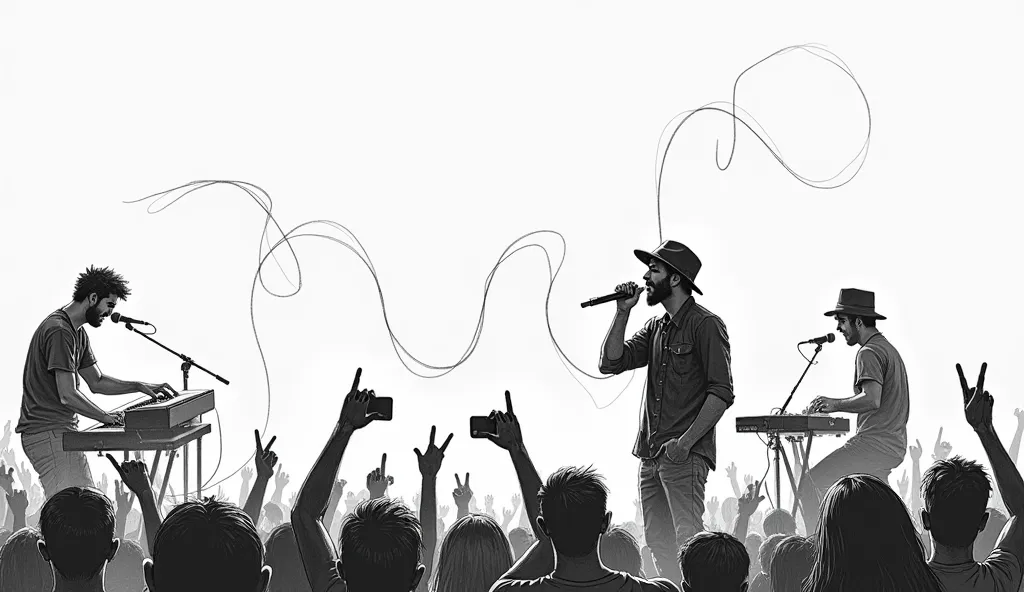 "A black-and-white sketch-style digital illustration of the ((1Lead Singer with 1keyboardist rock band performing on stage)), The scene is full frame, with a white background and rough pencil strokes defining the figures and instruments, The lead singer, a...