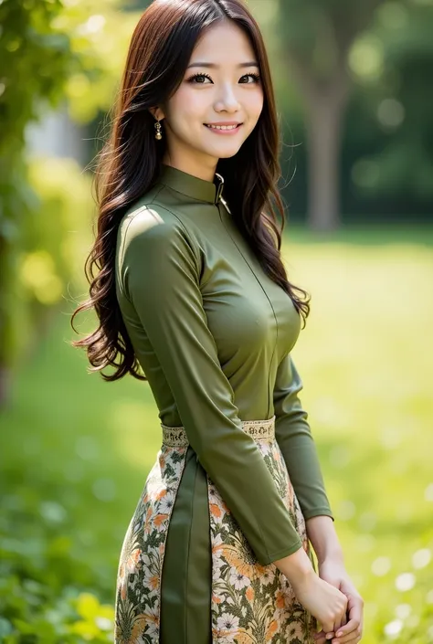  A beautiful Myanmar girl in traditional  dress in a tight floral dress, with cute dimples, smiling, wearing tight floral dress
burmese dressposing gracefully in a lush green garden, long black hair, confident expression, natural lighting, high quality, ph...