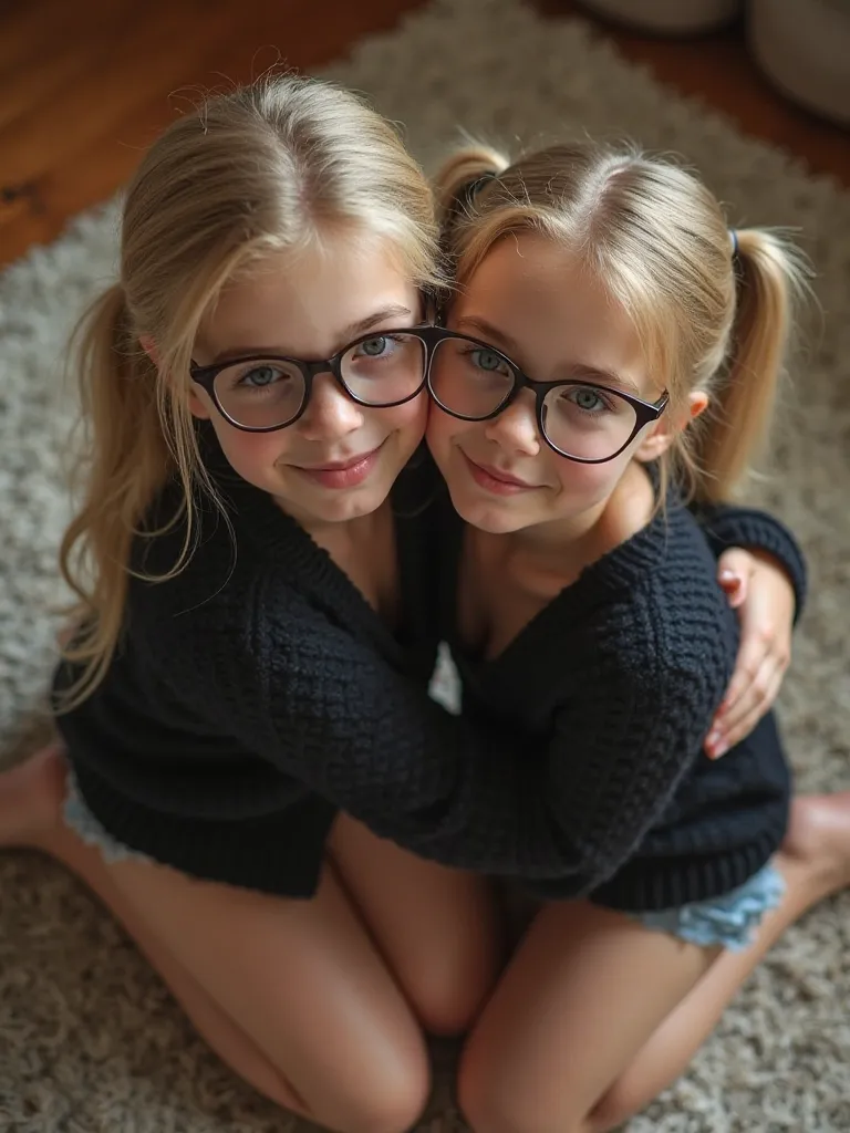 Two thirteen-year-old girls hugging each other very affectionately,blond hair with two pigtails,  has huge breasts, He has huge prescription glasses,She wears an unbuttoned black knitted sweater showing her shoulders and breasts,  His legs are bare , He's ...