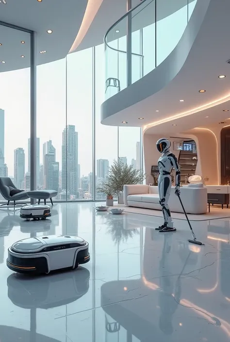 Generate image of a modern house in future with robots cleaning the house