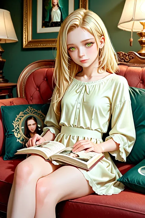 Aniki (blonde with small breasts, yellow-green eyes) was sitting cross-legged on the couch, a tattered photo album on her lap as she flipped through the pages. The soft glow of a lamp on the end table illuminated the faded photographs, each of which was a ...