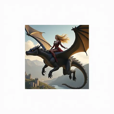 A game of thrones scene, where a woman with blonde hair, medieval era clothes, riding a dragon in sky