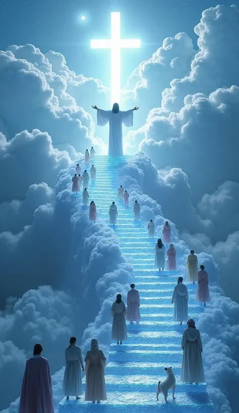 " A crystal staircase that reflects and refracts light in shades of blue icy ,  ascending between cloud formations that look like heavenly cathedrals . At the top, a circular platform where Jesus has open arms, ready to welcome each soul with a hug,  under...