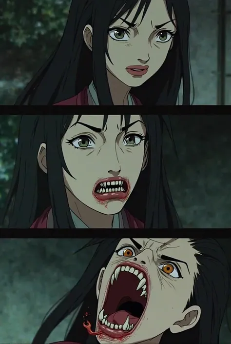  A flashback sequence showing Kuchisake-onna’s human life. A beautiful woman betrayed by her husband, her face brutally disfigured in a fit of jealousy. The animation transitions from her human form to her ghostly, monstrous state, with her mouth splitting...