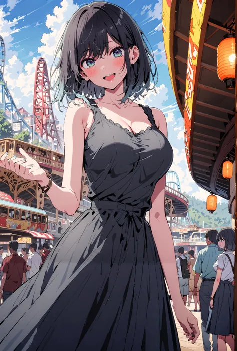 ,Akane Kurokawa,  short hair, bangs,  blue eyes,  black hair,  Lantern,  multi-colored hair , gradation hair,smile,blush,opens her mouth,black long skirt integrated dress,sleeveless, Big Breasts, sandals on the skin,crowd, Straw Hat,standing,noon, Car, gon...