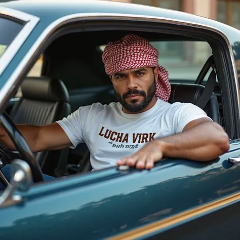 Attractive man in turban and badana on his face and wearing white tshirt written lucha virk on tshirt sitting in mustang