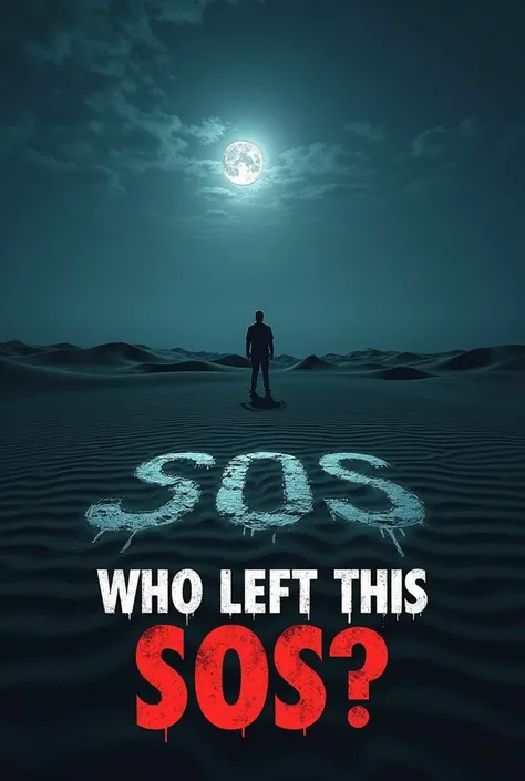 A vast desert landscape with an eerie, carved ‘SOS’ message in the sand, glowing faintly under the moonlight. A shadowy figure stands in the distance, barely visible, creating a sense of fear and mystery. The scene is dramatic, with high contrast between t...