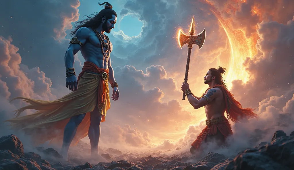 A verry clear 4k ultra HD dynamic image on' " Lord Shiva gifted Parshu (Axe) to Parashurama