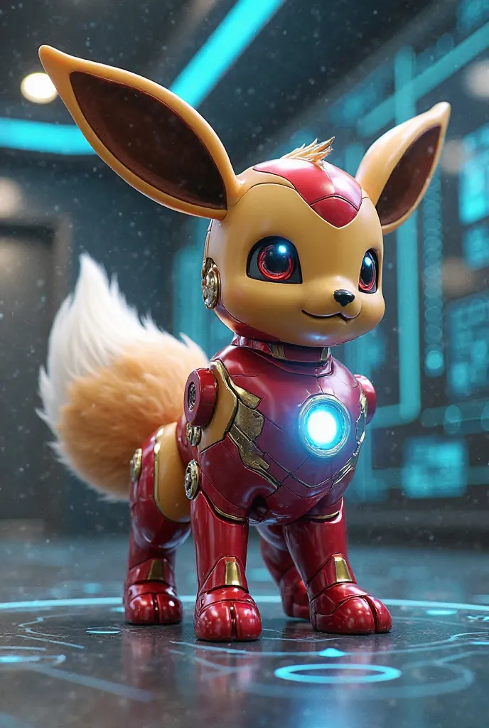 "A futuristic fusion of Iron Man from Marvel and Eevee from Pokémon. This hybrid creature has Eevee’s fox-like form but is covered in sleek, metallic red and gold armor, resembling Iron Man’s suit. Its eyes glow with a bright blue arc reactor energy, and a...