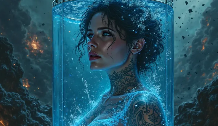 Close up close up very sexy woman, With energy a lot of water inside a dark water blue glass aquarium black water blue surrounding it, black smoke blue water surrounding her, tattoo on arms, Blue energy water around her forest, aura of fire blue water, Ene...