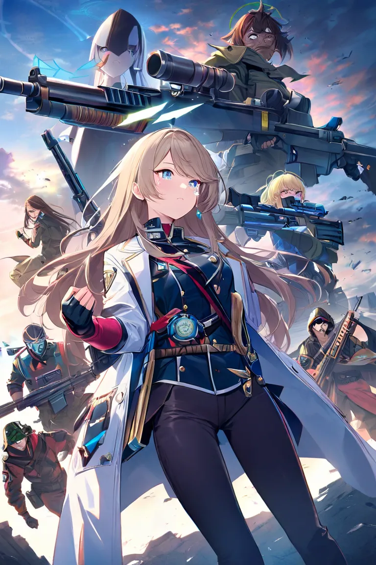 blue archive　Beautiful Girl　Arius Branch　Arius Squad　military　 mask　Shotgun　 shotgun　Armor Vest　scratch　tears　 White Coat　protective clothing　 crying face　guerrillas　 long hair　Food　Ash hair color　ruins　 cloudy sky　Pants look　 long pants　Charge　 sprinting　...