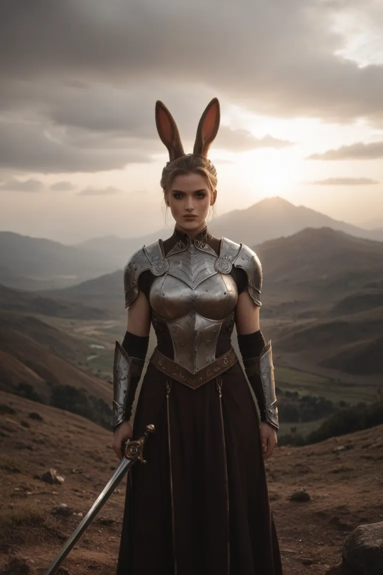 (High quality), (realistic), Woman fighter with a brown rabbit by her side.