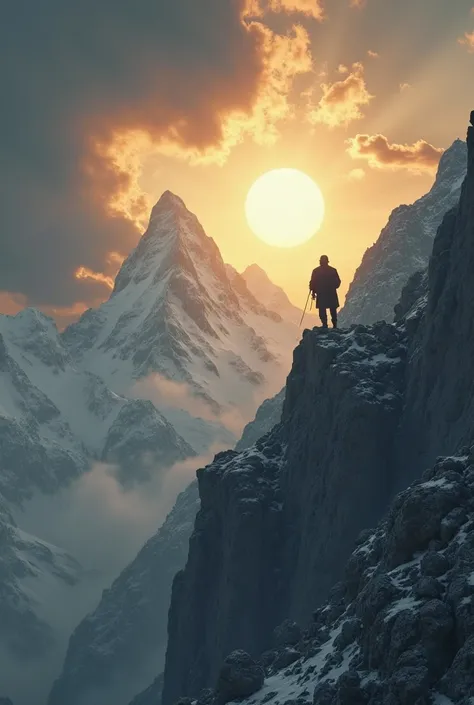 Un personnage déterminé escaladant une montagne abrupte sous un ciel orageux qui se dissipe pour laisser place à un lever de soleil éclatant. La scène évoque le courage et la persévérance, avec un léger clin d’œil à l’esprit de Churchill (par exemple, une ...