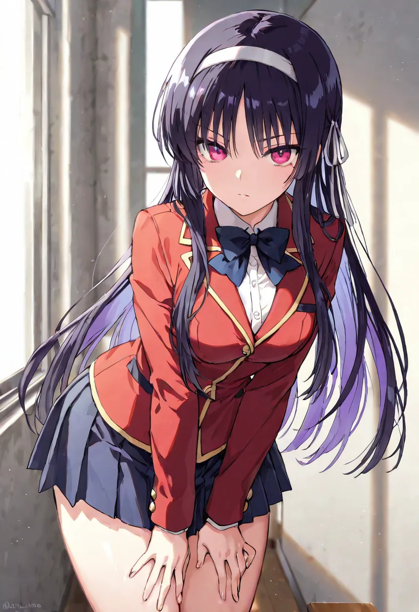  best quality, masterpiece, excellent proportions, Suzune Horikita, between red eyes and purple eyes,  long hair, black hair,  hair band, school uniform,  bow tie , red jacket, falda blanca,  pleated skirt 