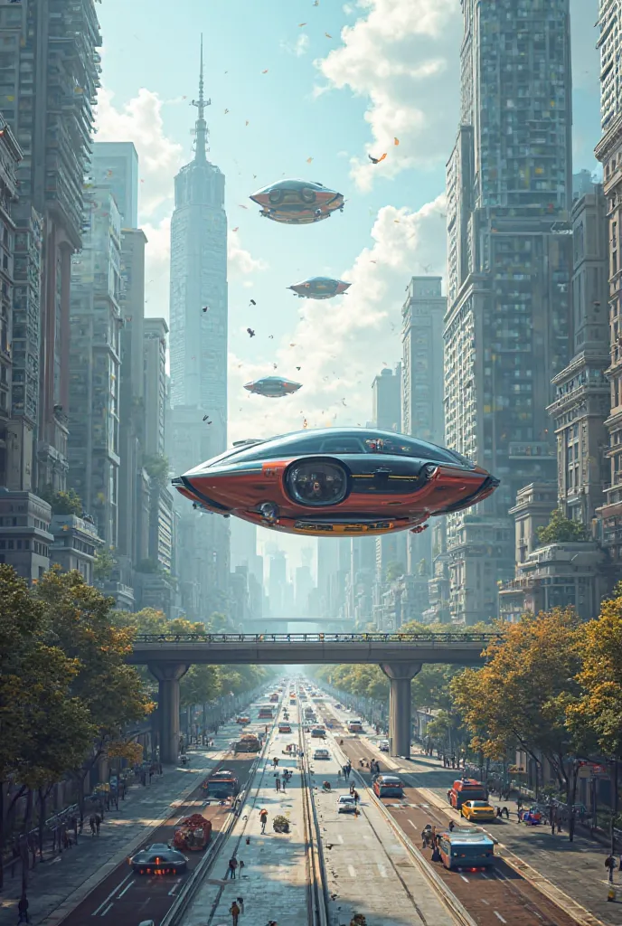 Generate image of city in future with flying cars