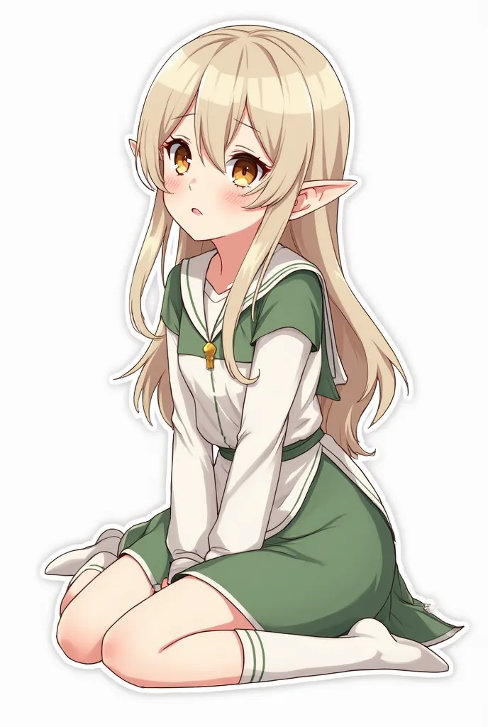 anime stick, sticker, white background, 1 girl, long hair (ash-blond:1.4), (cappuccino eyes:1.3), elf ears, elf appearance, elf clothes, (white and green colors:1.2), sitting, legs spread, embarrassed face, embarrassment, emotion of embarrassment