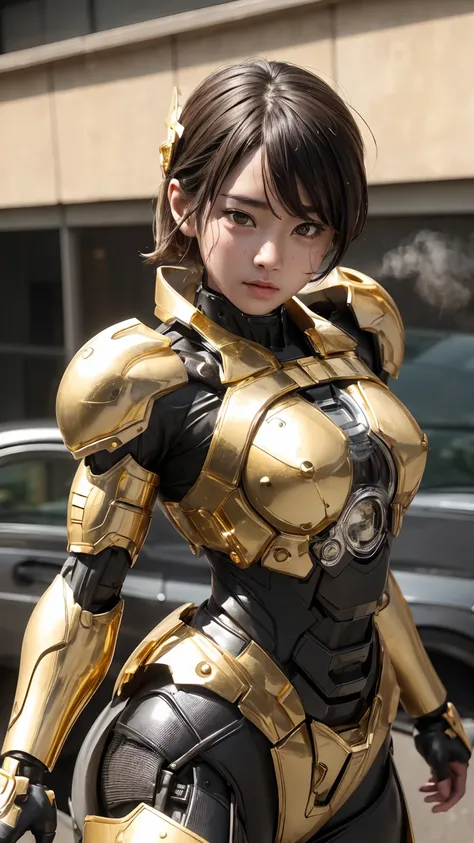 textured skin, very detailed,   attention to detail  , high quality, 最high quality, high definition, 1080P,   hard disk,   beautiful,(gold mecha cyborg girl、fighter ),  beautifulサイボーグ女性, wires and cables are connected to the head and torso of the ,fight,  ...