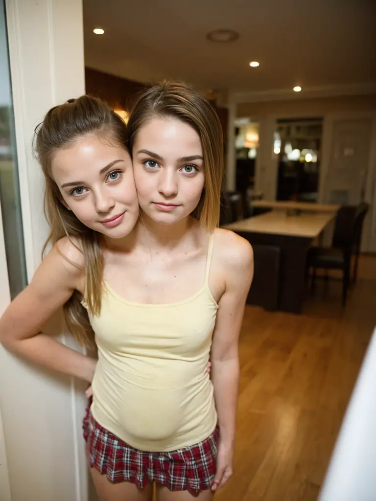 Two thirteen-year-old girls hugging each other very affectionately,blond hair with two pigtails, He has huge prescription glasses,She wears an unbuttoned black knitted sweater showing her shoulders and breasts,  His legs are bare , And the two girls have h...