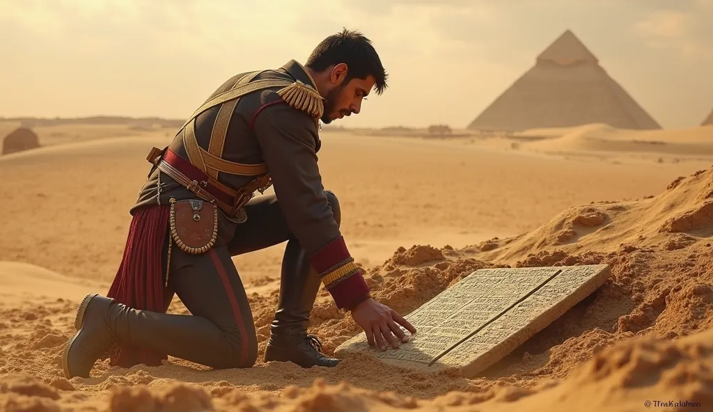 1. Discovery of the Rosetta Stone in 1799: Prompt:
"Create a highly detailed and realistic image of a French soldier, wearing a Napoleonic-era military uniform, discovering the Rosetta Stone during an excavation in the Egyptian desert. The stone should be ...