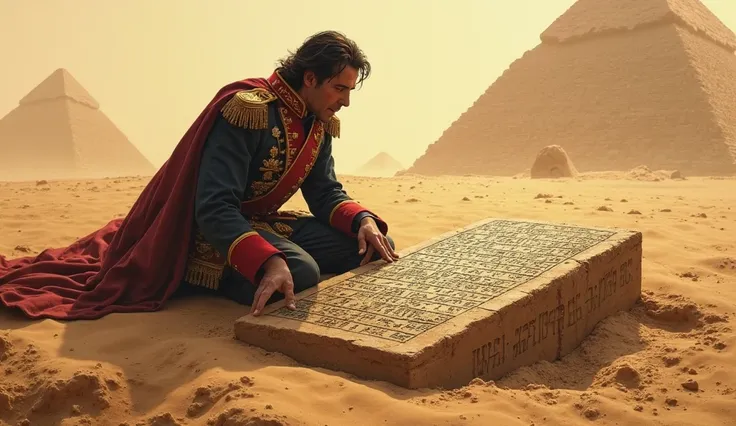 1. Discovery of the Rosetta Stone in 1799: Prompt:
"Create a highly detailed and realistic image of a French soldier, wearing a Napoleonic-era military uniform, discovering the Rosetta Stone during an excavation in the Egyptian desert. The stone should be ...