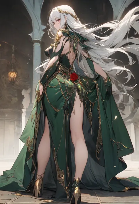 "A curvy female character with long white hair wearing an elaborate fantasy-style dress. The dress is red and black with gold and green accents, including a large green gem at the waist. It has a high slit revealing one leg and is complemented by long blac...